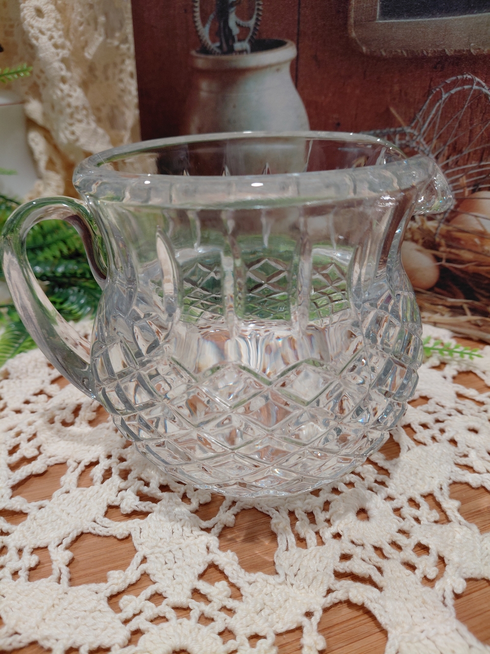 Clear Cut-Glass Serving Pitcher with Diamond-Textured Pattern